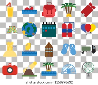 Set Of 20 transparent icons such as Globe, Igloo, Island, Mountains, Camera, Tickets, Trailer, Hotel, Sand castle, Aqualung, Cocktail, Balloon, Backpack, transparency icon pack, pixel perfect