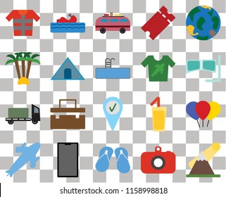 Set Of 20 transparent icons such as Mountains, Camera, Flip flops, Phone, Plane, Globe, Balloon, Check in, Trailer, Tent, Shirt, Lifejacket, Snorkel, Minivan, transparency icon pack, pixel perfect