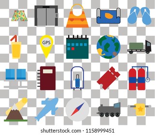 Set Of 20 transparent icons such as Towel, Railway, Compass, Plane, Mountains, Flip flops, Aqualung, Bellhop, Waiting room, Gps, Globe, Swimsuit, Trailer, Bag, transparency icon pack, pixel perfect