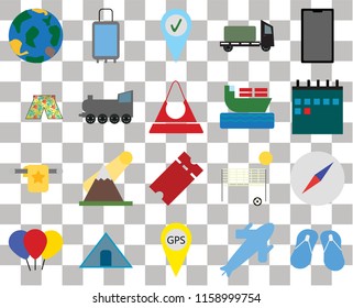 Set Of 20 transparent icons such as Flip flops, Plane, Gps, Tent, Balloon, Phone, Compass, Tickets, Towel, Railway, Ship, Globe, Calendar, Check in, transparency icon pack, pixel perfect