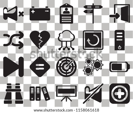 Set Of 20 transparent icons such as Add, Muted, Television, Archive, Binoculars, Exit, Battery, Radar, Next, Dislike, Restart, Mute, Server, Id card, transparency icon pack, pixel perfect