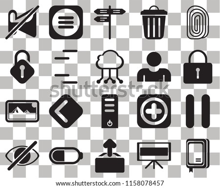 Set Of 20 transparent icons such as Notebook, Television, Upload, Battery, Hide, Fingerprint, Pause, Server, Photos, Lines, User, Muted, Locked, Street, transparency icon pack, pixel perfect