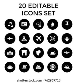 Set of 20 travel filled icons such as passport, plane, mosque, arc de triomphe, pin, ship, sport bag, globe, waterslide, land territory, mountain, snorkel, pool ladder