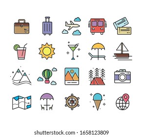 Set of 20 travel icons, thin line style, vector illustration 