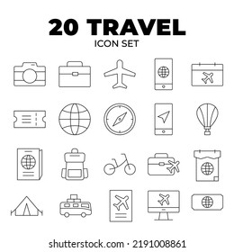 Set of 20 Travel icons, thin line style, vector illustration