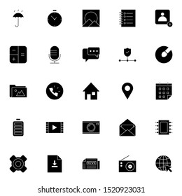 Set 20 of UI and UX icon in solid style. Creative glyph interface symbols for website design and mobile apps. Simple user interface solid icon sign isolated on white background. 25 icons.