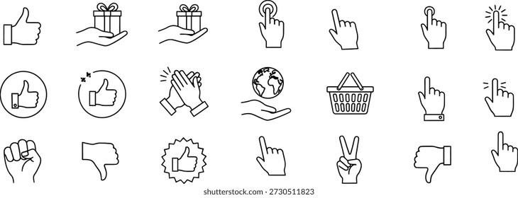 A set of 20 unique line art icons depicting hands, gestures, and symbolic representations