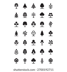 A set of 20 unique minimal tree icons in black and white. Clean geometric design inspired by nature and sustainability. Perfect for eco brands logo design web and app interfaces environmental graphics