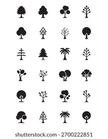 A set of 20 unique minimal tree icons in black and white. Clean geometric design inspired by nature and sustainability. Perfect for eco brands logo design web and app interfaces environmental graphics