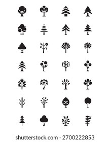 A set of 20 unique minimal tree icons in black and white. Clean geometric design inspired by nature and sustainability. Perfect for eco brands logo design web and app interfaces environmental graphics