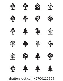 A set of 20 unique minimal tree icons in black and white. Clean geometric design inspired by nature and sustainability. Perfect for eco brands logo design web and app interfaces environmental graphics