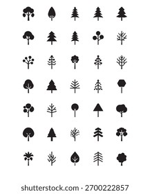 A set of 20 unique minimal tree icons in black and white. Clean geometric design inspired by nature and sustainability. Perfect for eco brands logo design web and app interfaces environmental graphics