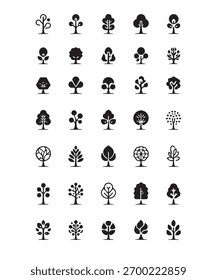 A set of 20 unique minimal tree icons in black and white. Clean geometric design inspired by nature and sustainability. Perfect for eco brands logo design web and app interfaces environmental graphics