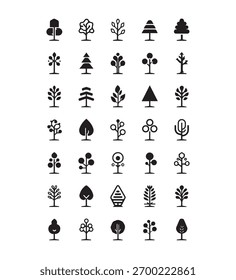A set of 20 unique minimal tree icons in black and white. Clean geometric design inspired by nature and sustainability. Perfect for eco brands logo design web and app interfaces environmental graphics