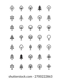 A set of 20 unique minimal tree icons in black and white. Clean geometric design inspired by nature and sustainability. Perfect for eco brands logo design web and app interfaces environmental graphics