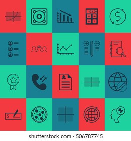 Set Of 20 Universal Editable Icons. Can Be Used For Web, Mobile And App Design. Includes Icons Such As Cellular Data, Analysis, Graphical Grid And More.