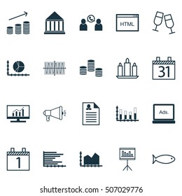 Set Of 20 Universal Editable Icons. Can Be Used For Web, Mobile And App Design. Includes Icons Such As Market Research, Presentation, Coins Growth And More.