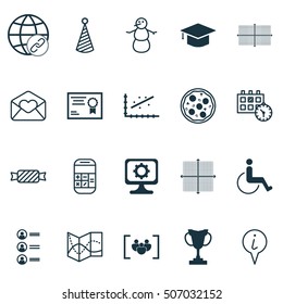Set Of 20 Universal Editable Icons. Can Be Used For Web, Mobile And App Design. Includes Icons Such As Calculation, Birthday Hat, Greeting Email And More.