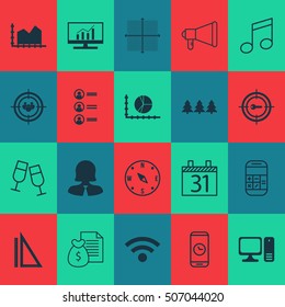 Set Of 20 Universal Editable Icons. Can Be Used For Web, Mobile And App Design. Includes Icons Such As Graphical Grid, Crotchets, Business Woman And More.
