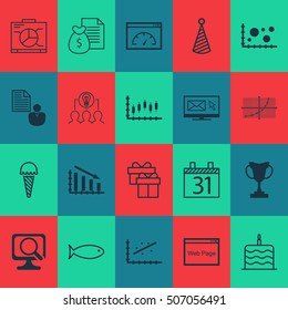 Set Of 20 Universal Editable Icons. Can Be Used For Web, Mobile And App Design. Includes Icons Such As Report, Fishing, Birthday Hat And More.