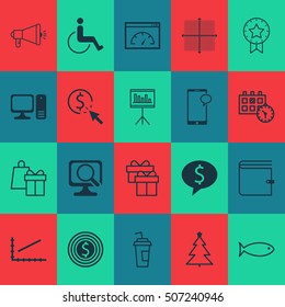 Set Of 20 Universal Editable Icons. Can Be Used For Web, Mobile And App Design. Includes Icons Such As Present, PPC, Decorated Tree And More.