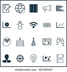 Set Of 20 Universal Editable Icons. Can Be Used For Web, Mobile And App Design. Includes Icons Such As Champagne Glasses, Cosinus Diagram, Connectivity And More.