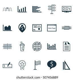 Set Of 20 Universal Editable Icons. Can Be Used For Web, Mobile And App Design. Includes Icons Such As Present Badge, World, Sinus Graph And More.
