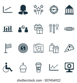 Set Of 20 Universal Editable Icons. Can Be Used For Web, Mobile And App Design. Includes Icons Such As Present, Business Woman, Pin And More.