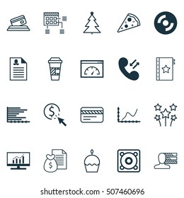 Set Of 20 Universal Editable Icons. Can Be Used For Web, Mobile And App Design. Includes Icons Such As Sliced Pizza, Bank Card, Female Application And More.
