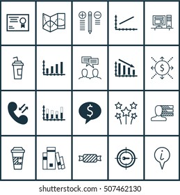 Set Of 20 Universal Editable Icons. Can Be Used For Web, Mobile And App Design. Includes Icons Such As Takeaway Coffee, Info Pointer, Segmented Bar Graph And More.