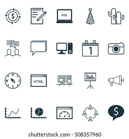 Set Of 20 Universal Editable Icons. Can Be Used For Web, Mobile And App Design. Includes Icons Such As Conference, Media Campaign, Digital Media And More.