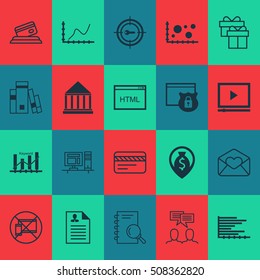 Set Of 20 Universal Editable Icons. Can Be Used For Web, Mobile And App Design. Includes Icons Such As Library, Achievement Graph, Coding And More.