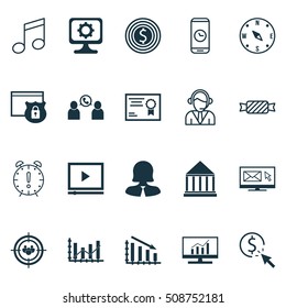 Set Of 20 Universal Editable Icons. Can Be Used For Web, Mobile And App Design. Includes Icons Such As Time Management, Video Player, Fail Graph And More.