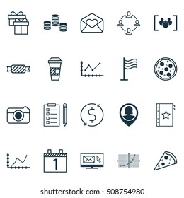 Set Of 20 Universal Editable Icons. Can Be Used For Web, Mobile And App Design. Includes Icons Such As Achievement Graph, Pin Employee, Sliced Pizza And More.