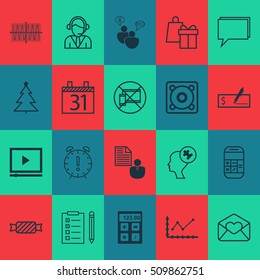 Set Of 20 Universal Editable Icons. Can Be Used For Web, Mobile And App Design. Includes Icons Such As Report, Decorated Tree, Music And More.