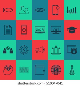 Set Of 20 Universal Editable Icons. Can Be Used For Web, Mobile And App Design. Includes Icons Such As Curriculum Vitae, Messaging, Business Goal And More.