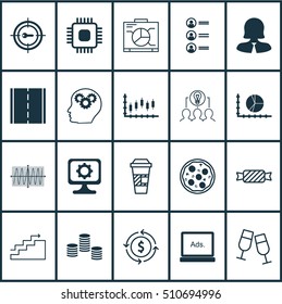 Set Of 20 Universal Editable Icons. Can Be Used For Web, Mobile And App Design. Includes Icons Such As Photo Camera, Board, Stock Market And More.