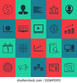 Set Of 20 Universal Editable Icons. Can Be Used For Web, Mobile And App Design. Includes Icons Such As Video Player, Certificate, Manager And More.