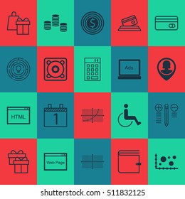 Set Of 20 Universal Editable Icons. Can Be Used For Web, Mobile And App Design. Includes Icons Such As Present, Agenda, Line Grid And More.