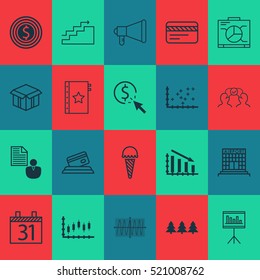Set Of 20 Universal Editable Icons. Can Be Used For Web, Mobile And App Design. Includes Elements Such As Date, Stock Market, Cooperation And More.