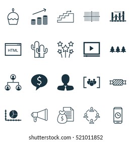 Set Of 20 Universal Editable Icons. Can Be Used For Web, Mobile And App Design. Includes Elements Such As Circle Graph, Growth, Video Player And More.