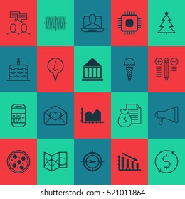 Set Of 20 Universal Editable Icons. Can Be Used For Web, Mobile And App Design. Includes Elements Such As Announcement, Road Map, Celebration Cake And More.