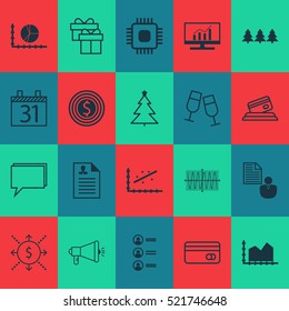 Set Of 20 Universal Editable Icons. Can Be Used For Web, Mobile And App Design. Includes Elements Such As Market Research, Sinus Graph, Holiday Ornament And More.