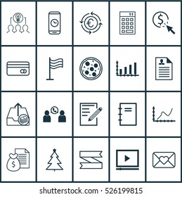 Set Of 20 Universal Editable Icons. Can Be Used For Web, Mobile And App Design. Includes Elements Such As Video Player, Achievement Graph, Plastic Card And More.