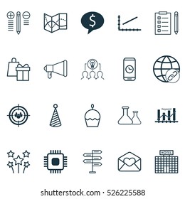 Set Of 20 Universal Editable Icons. Can Be Used For Web, Mobile And App Design. Includes Elements Such As Announcement, Collaborative Solution, Birthday Cake And More.