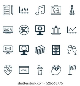 Set Of 20 Universal Editable Icons. Can Be Used For Web, Mobile And App Design. Includes Elements Such As Champagne Glasses, Coding, Dollar Salary And More.