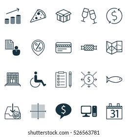 Set Of 20 Universal Editable Icons. Can Be Used For Web, Mobile And App Design. Includes Elements Such As Road Map, Champagne Glasses, Business Deal And More.