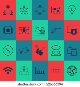 Set Of 20 Universal Editable Icons. Can Be Used For Web, Mobile And App Design. Includes Elements Such As Chip, Segmented Bar Graph, Dialogue And More.