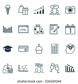 Set Of 20 Universal Editable Icons. Can Be Used For Web, Mobile And App Design. Includes Elements Such As Agenda, Library, Fail Graph And More.