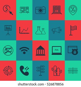 Set Of 20 Universal Editable Icons. Can Be Used For Web, Mobile And App Design. Includes Elements Such As Achievement Graph, Square Diagram, Media Campaign And More.